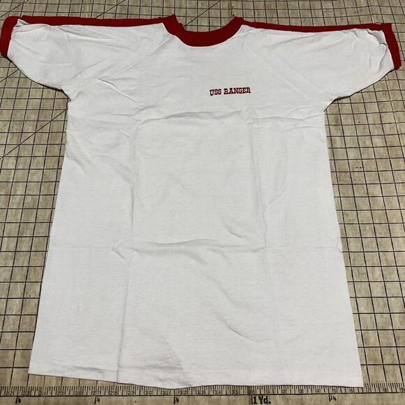 VTG 50s 60s USS RANGER US Navy WW2 Velva Sheen USA Sailor Ringer T Shirt Large